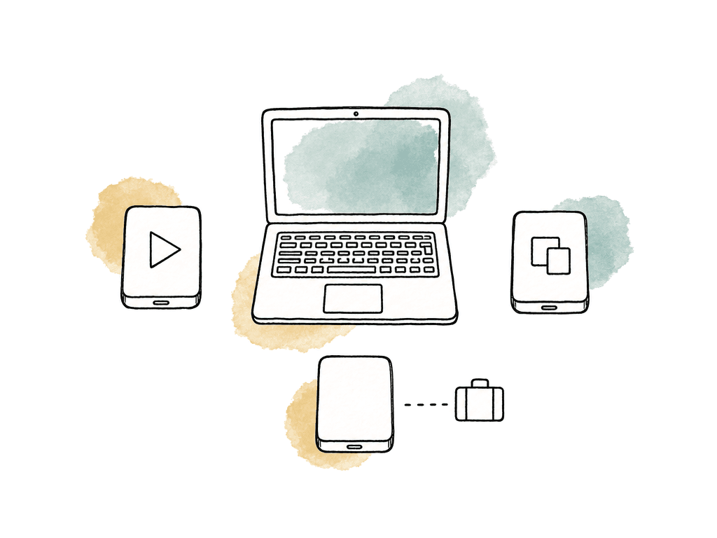 Doodle of a laptop surrounded by three separate drives for active media, backup, and travel handoff.