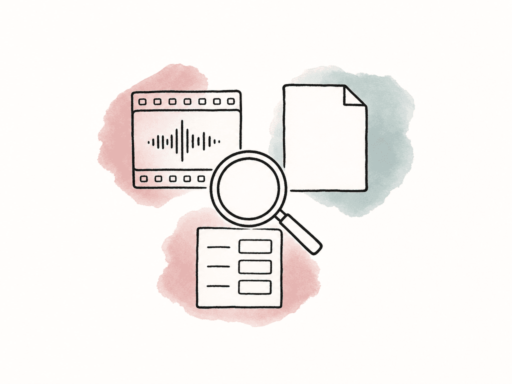 A magnifying glass examines a video and audio icon, a timed-text file icon, and a delivery requirement icon together.