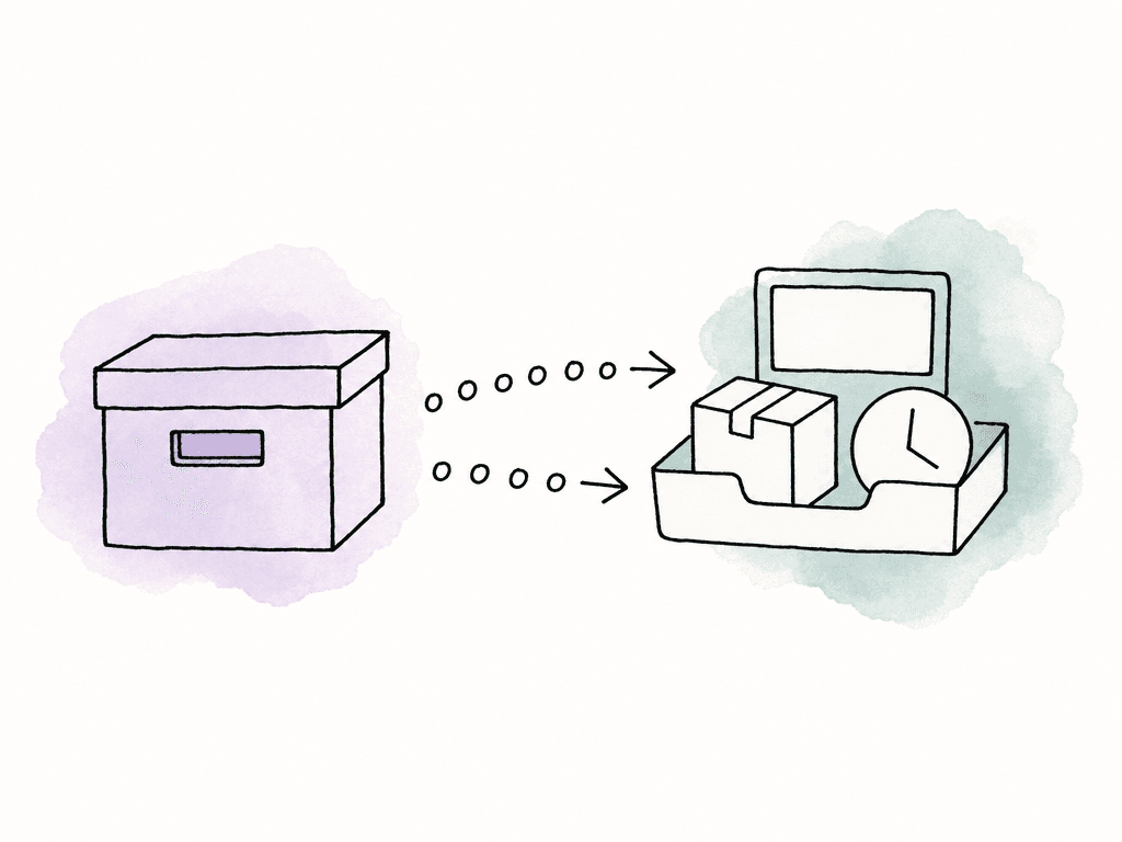 An archive box sends media toward a shared destination tray, with coins along the movement paths.
