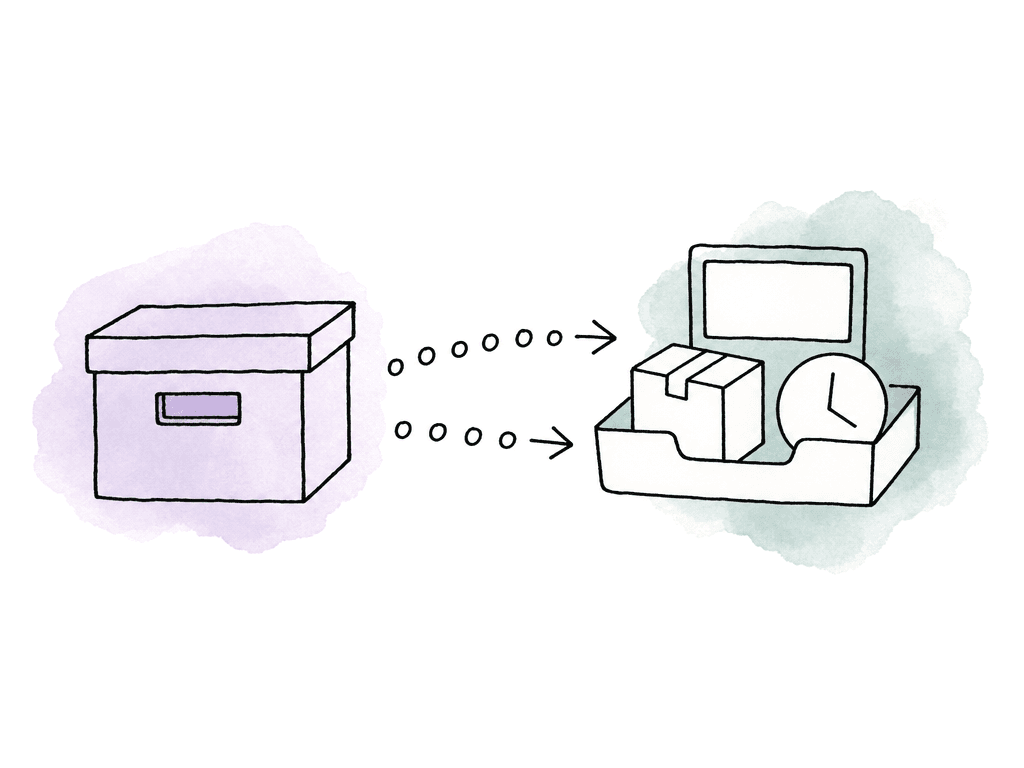 An archive box sends media toward a shared destination tray, with coins along the movement paths.