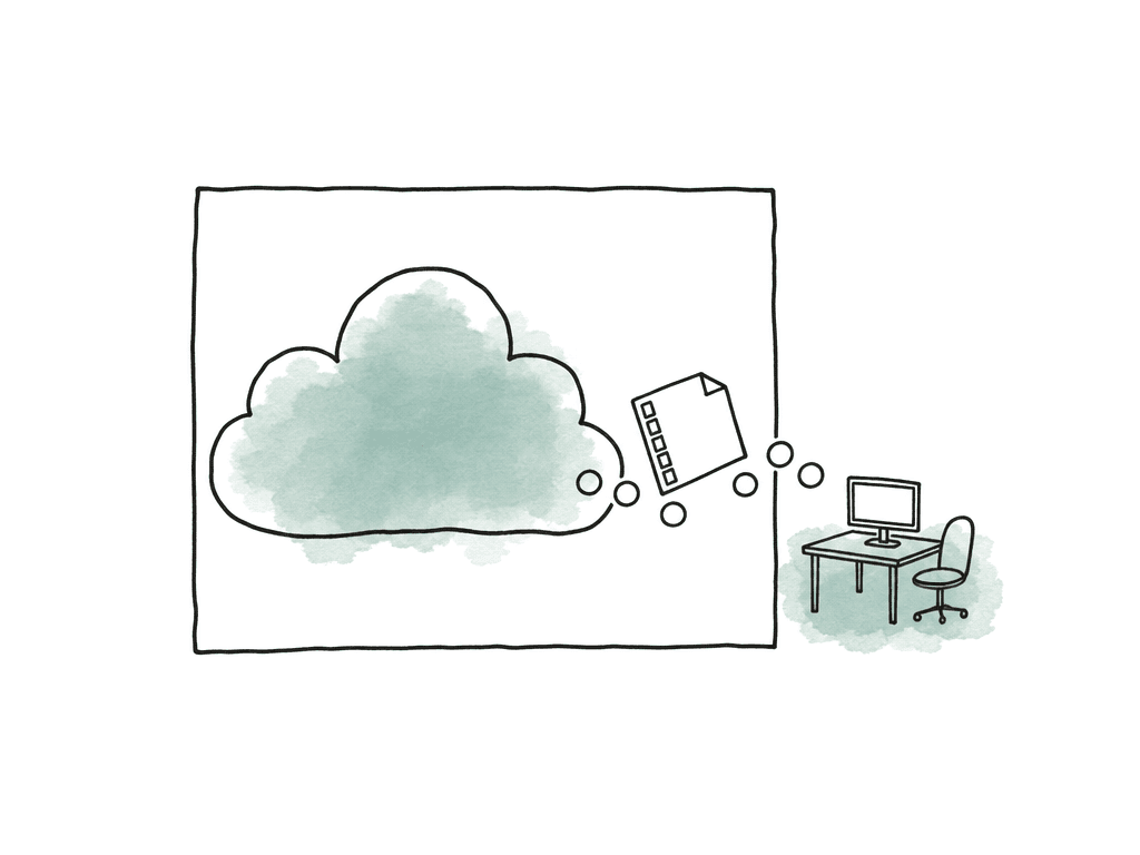 A media file icon exits a cloud boundary toward an edit facility, with coin shapes at the crossing point.