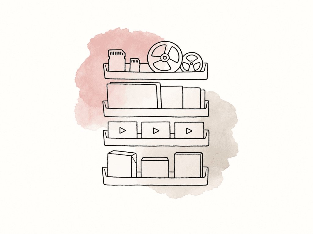 Four stacked trays hold different media icons, suggesting separate archive layers for originals, working files, access copies, and delivery files.
