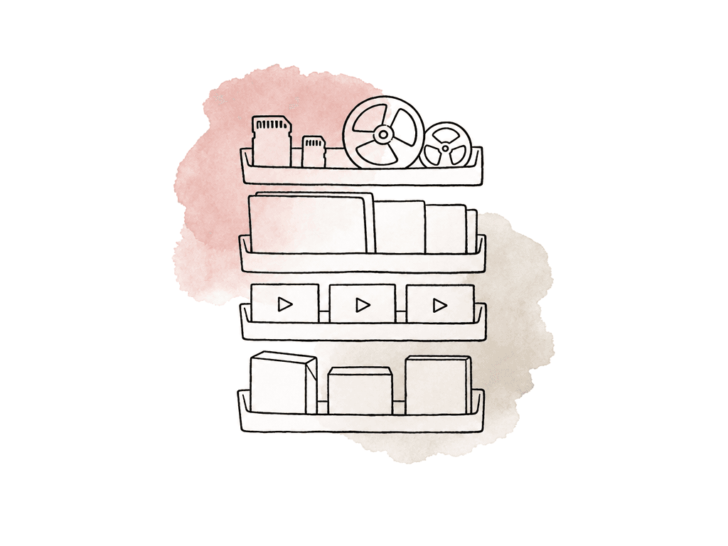 Four stacked trays hold different media icons, suggesting separate archive layers for originals, working files, access copies, and delivery files.