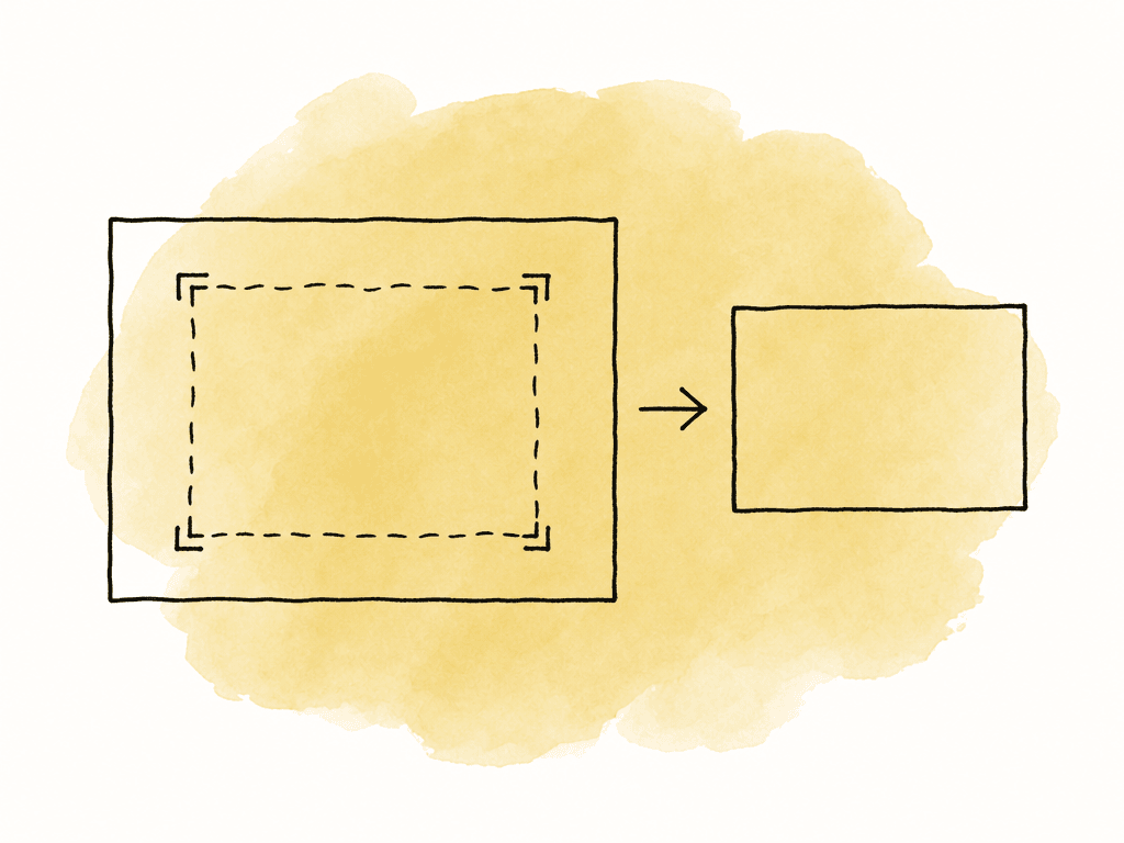A large frame with a movable crop boundary points to a smaller fixed frame, illustrating flexible reframing versus a baked resize.