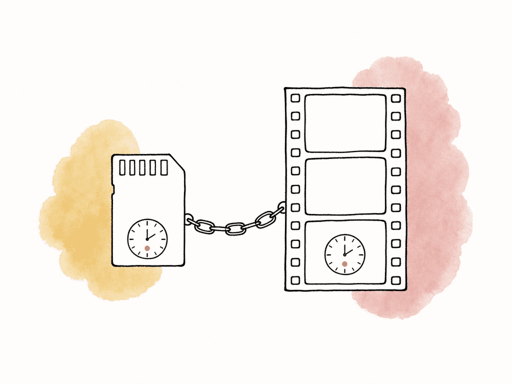 A small proxy media tile linked by a chain to a larger camera-original filmstrip with matching markers.