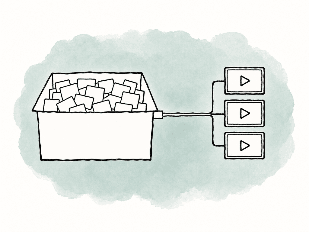 A storage box full of media tiles sits beside a narrow connection feeding several playback screens.