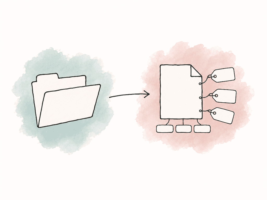 Doodle of a blank media file leaving an open folder while carrying small blank tag shapes attached to it.