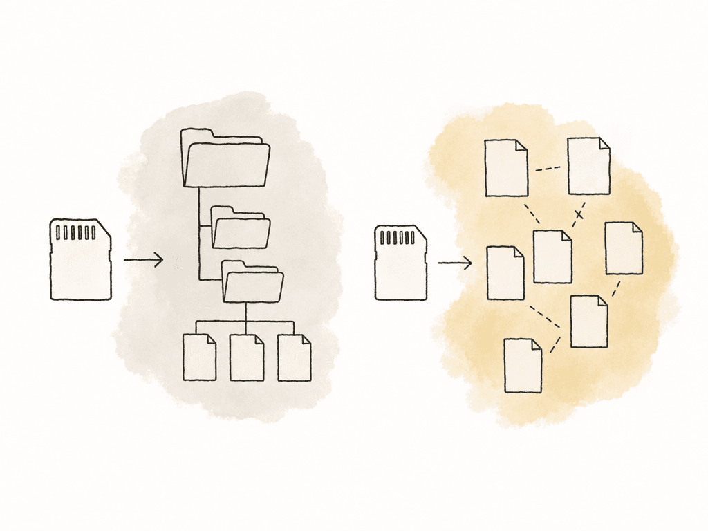 Doodle comparing an intact nested camera card folder structure with scattered loose media files and broken connections.
