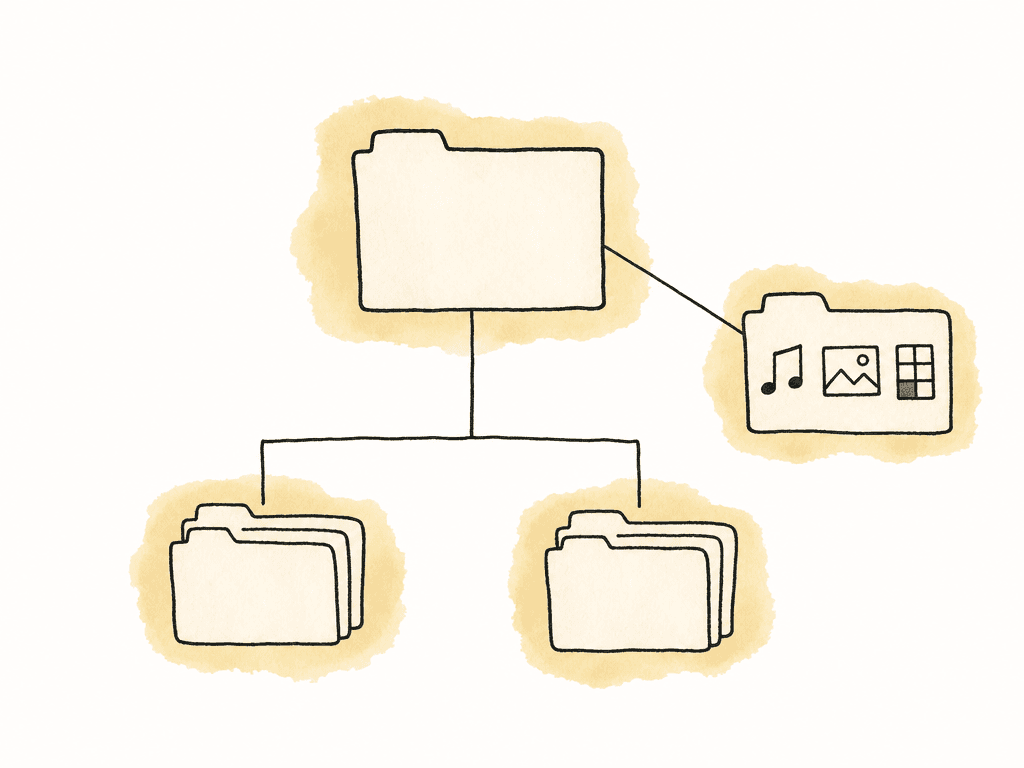 Doodle of a top folder branching into season folders with episode folders inside them, plus a separate shared assets folder connected at the series level.