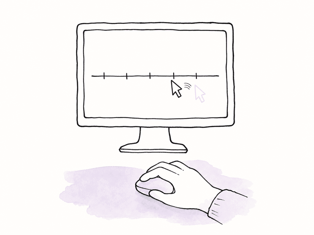 Hand-drawn sketch of a mouse hand and monitor with a cursor shown slightly delayed from the input motion.