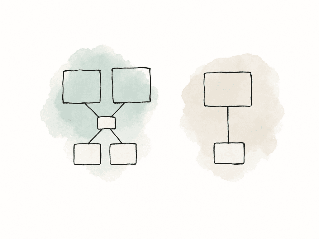 Hand-drawn comparison of multiple rooms routed through a central switch and a direct single room-to-workstation connection.