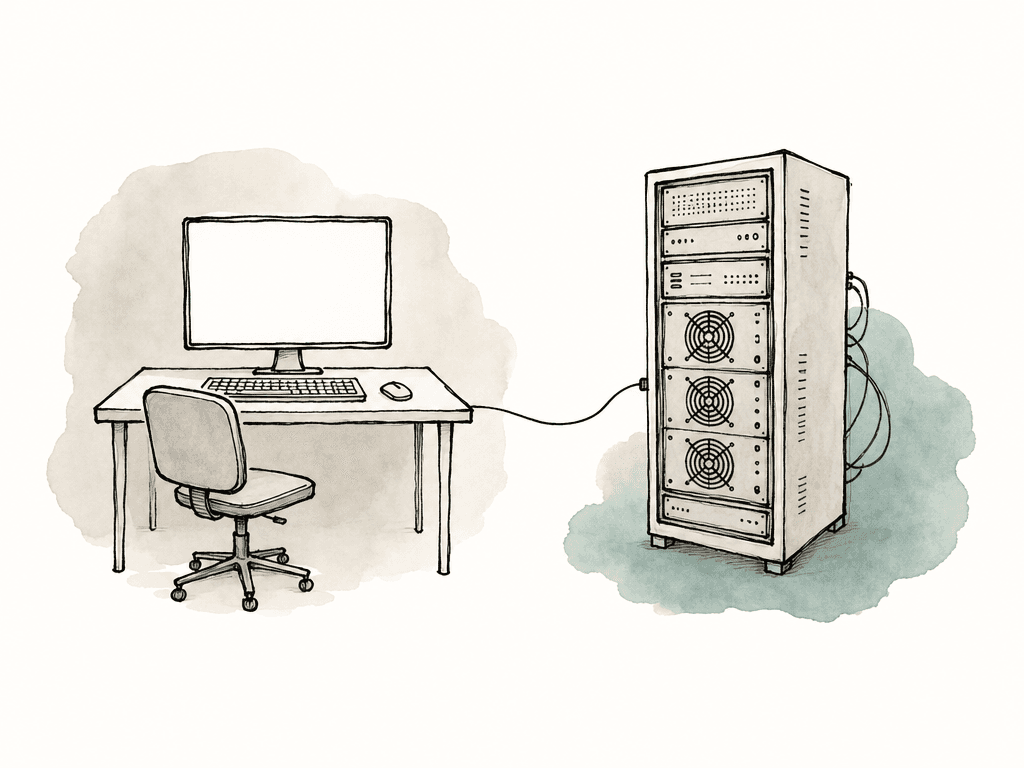 Hand-drawn diagram of an edit desk connected by a cable to a separate machine room rack with the workstation.