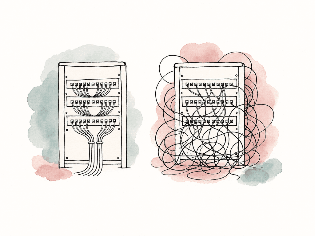 Hand-drawn comparison of a tidy KVM rack cable layout beside a tangled unmanaged cable mess.