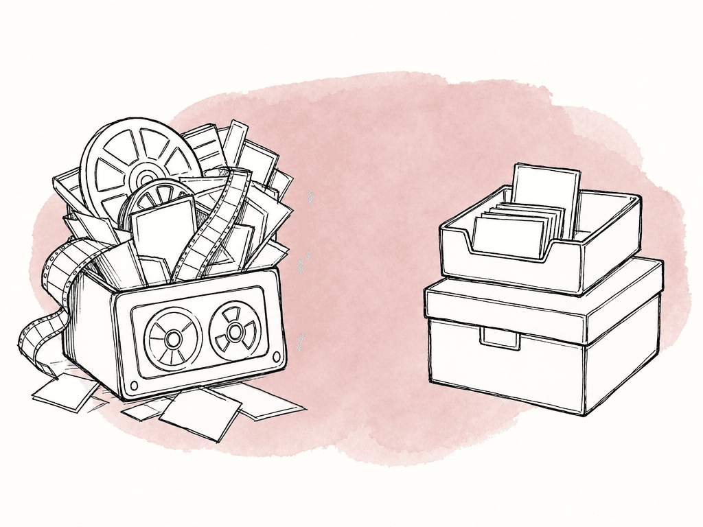A cluttered active drive is contrasted with a tidy current-work area and a separate box for older media.