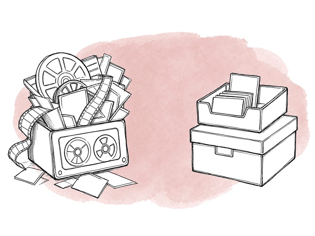 A cluttered active drive is contrasted with a tidy current-work area and a separate box for older media.