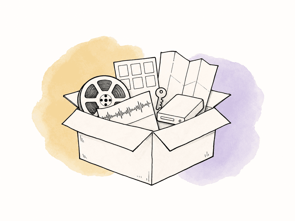 An open archive box contains media, audio, color, rights, and project-related materials for future restoration.