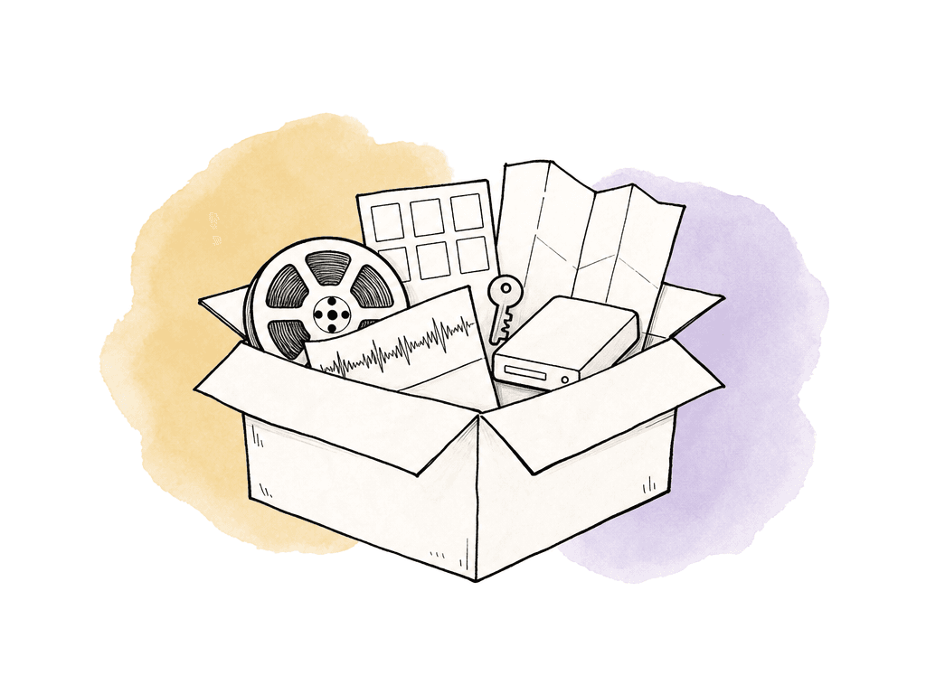 An open archive box contains media, audio, color, rights, and project-related materials for future restoration.