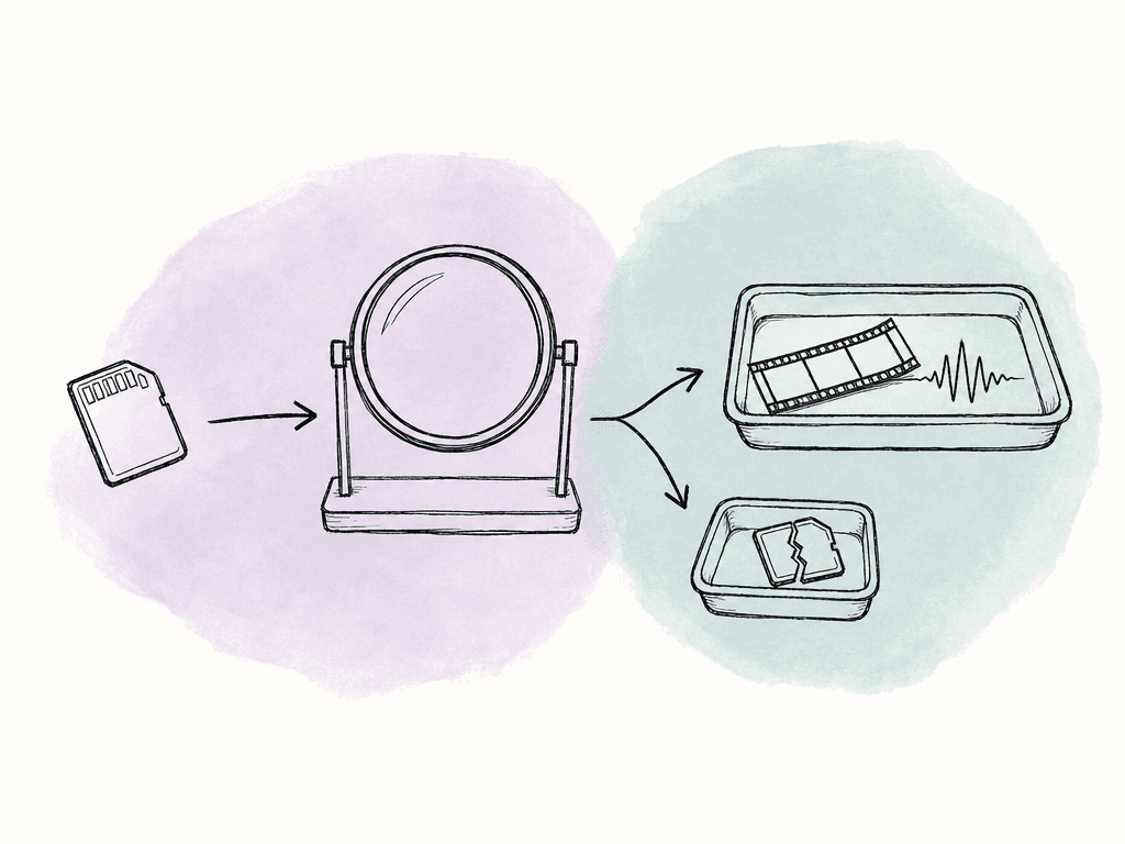 Incoming media is filtered through an inspection point, with usable media routed forward and problem items set aside.