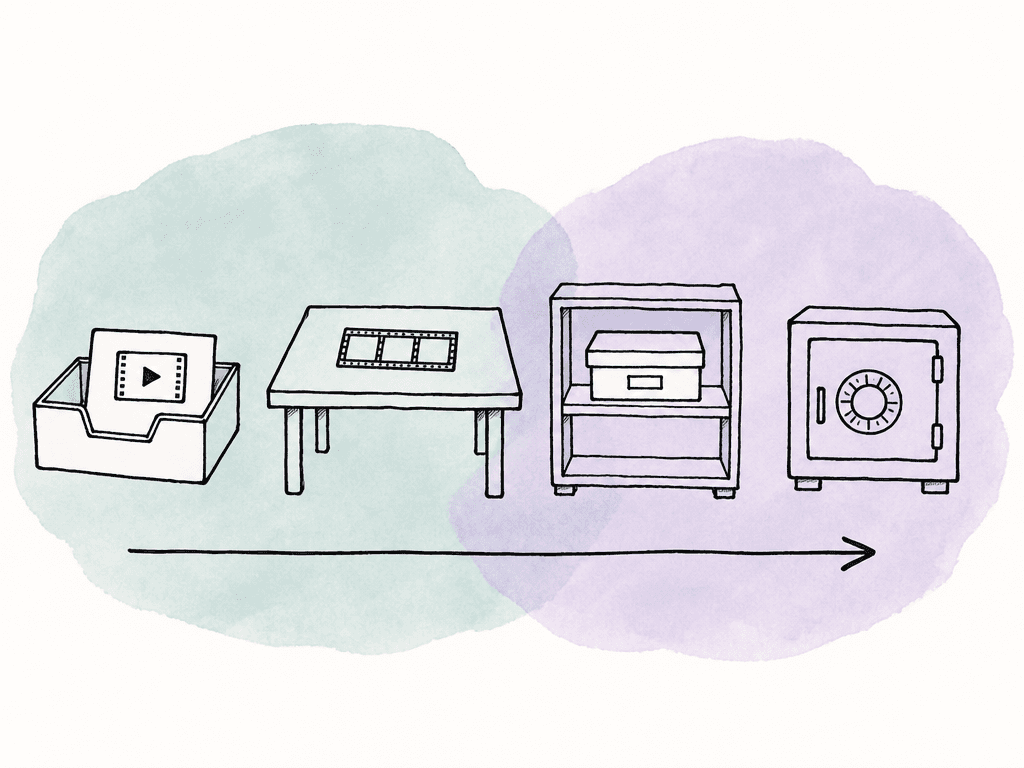 Four simple storage-like containers show media progressing from arrival to active work, then holding, then archive.