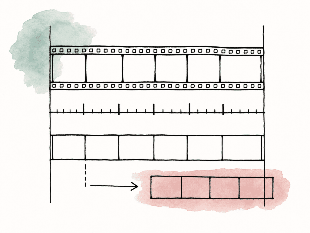 Hand-drawn stacked timing strips aligned by vertical guide lines, with one small offset strip suggesting a timecode mismatch.