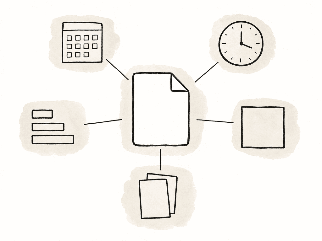 Hand-drawn media file connected to icons for schedule, timecode, audio routing, captions, and version information.