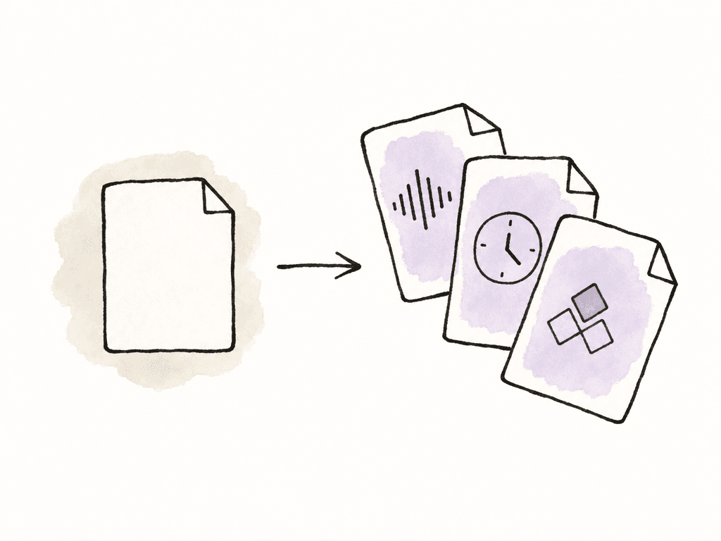 Hand-drawn generic media file branching into three separate MXF-style files with different property icons.