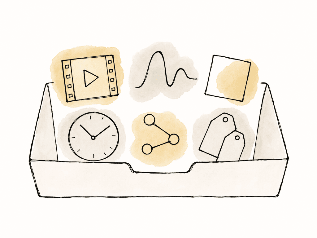 Hand-drawn MXF container holding icons for video, audio, captions, timecode, identifiers, and metadata.