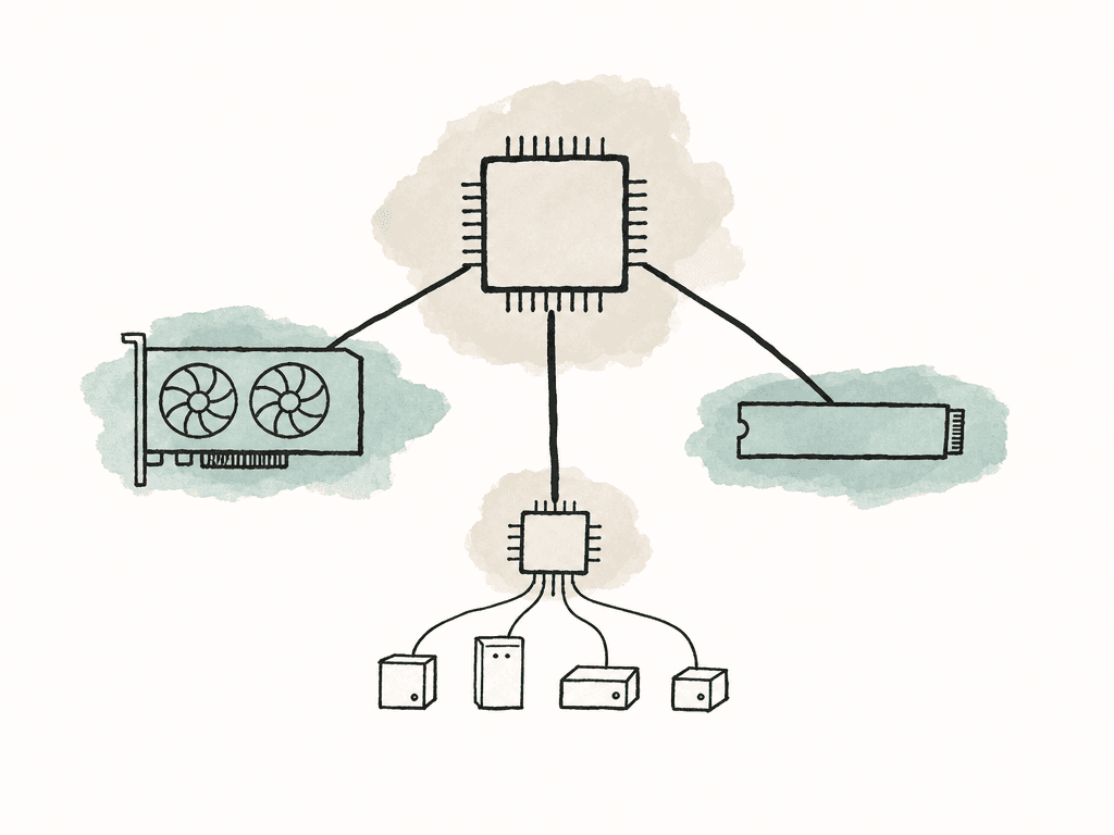 Flat doodle showing a CPU with direct connections to a GPU and NVMe drive, while multiple other devices share one chipset connection.