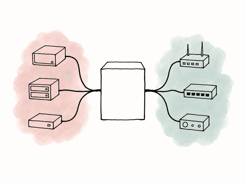 Doodle of a computer connected to external media devices across two separate cable branches.