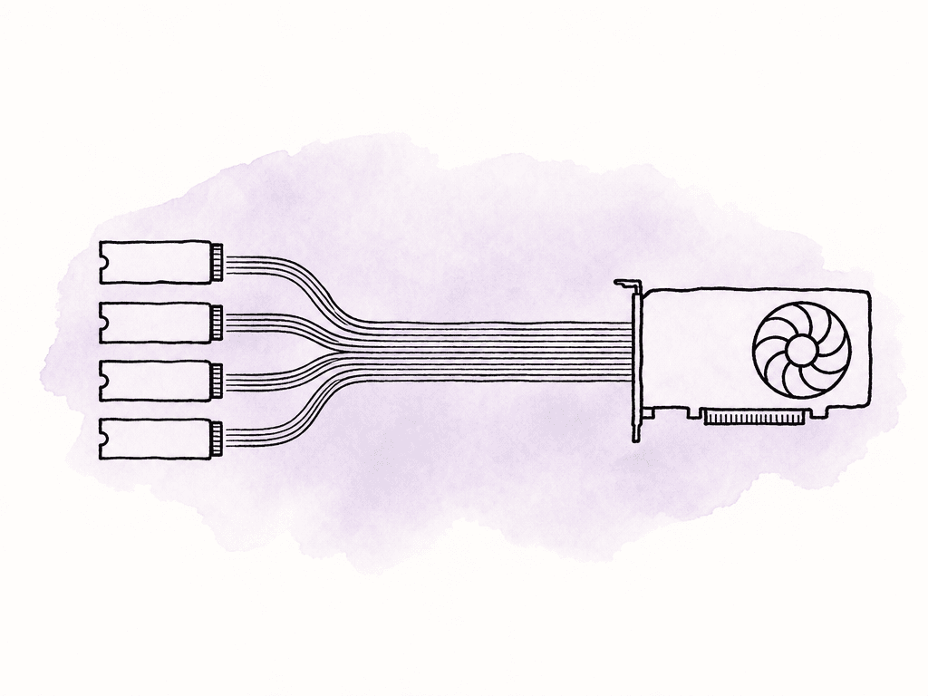 Four small NVMe drive drawings combine into a lane bundle as wide as the connection for one large GPU card.