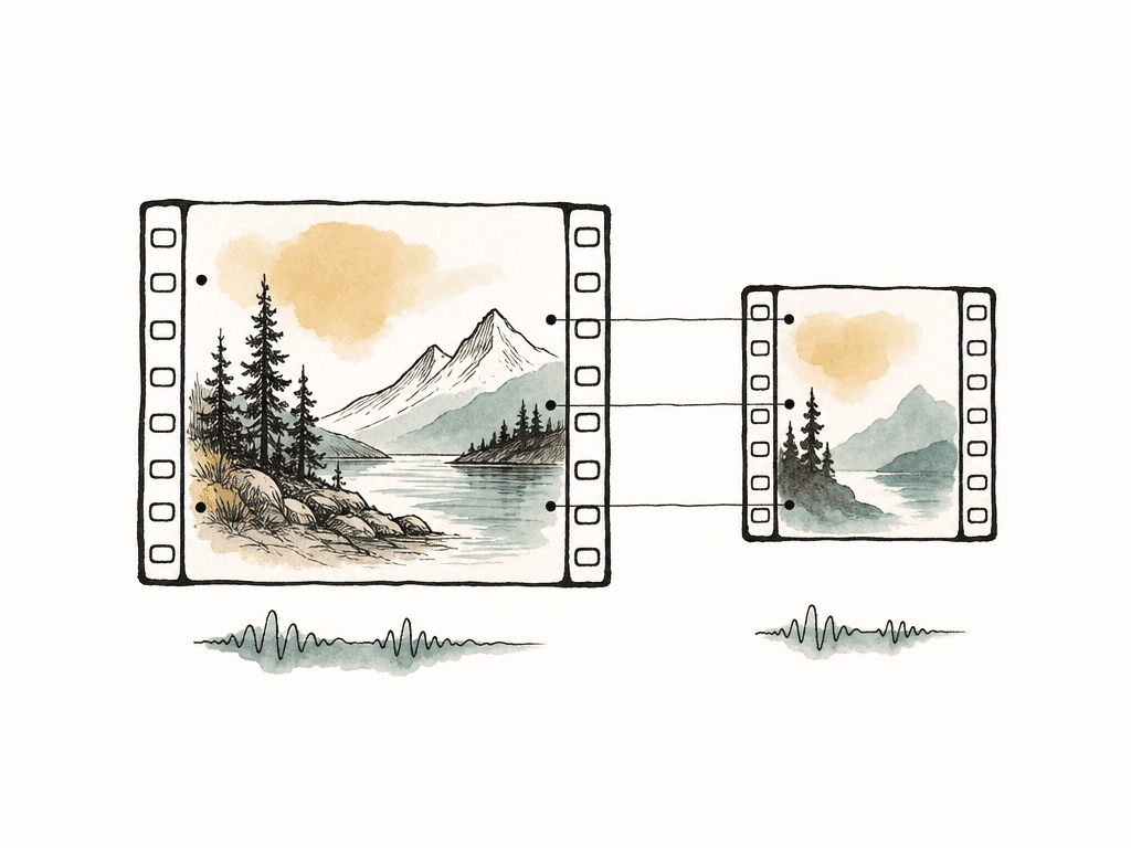 A small proxy filmstrip is connected to a larger source filmstrip, with matching perforations, markers, and audio shapes showing they represent the same clip.