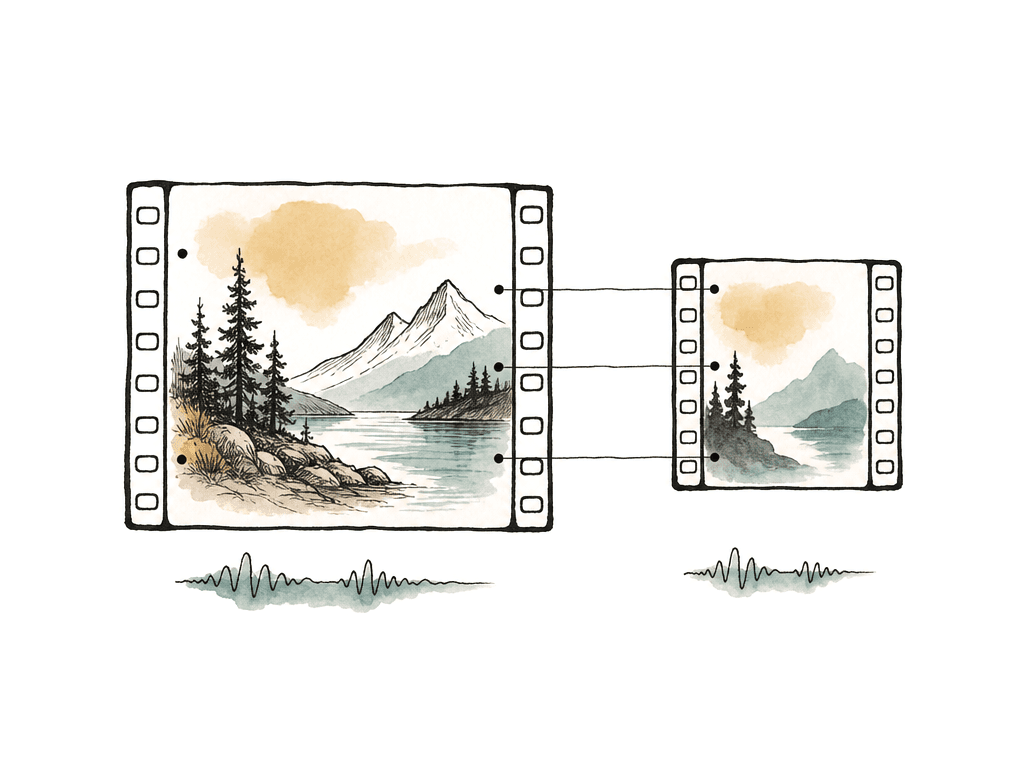 A small proxy filmstrip is connected to a larger source filmstrip, with matching perforations, markers, and audio shapes showing they represent the same clip.