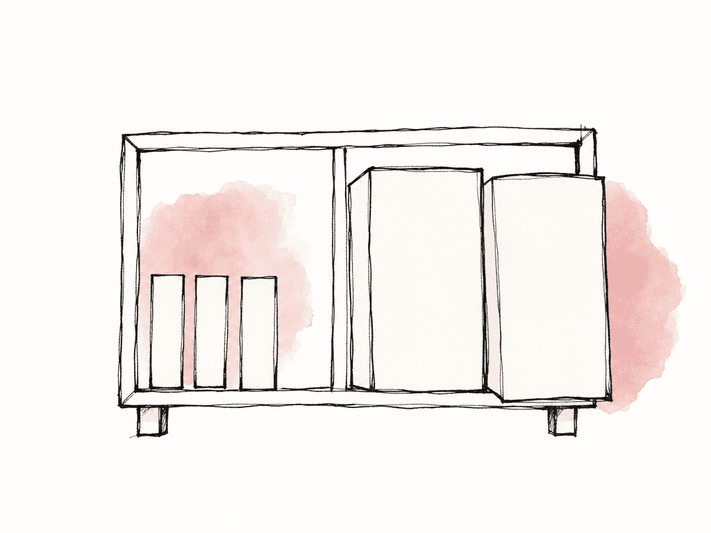 A flat doodle shows small media files fitting easily on a storage shelf while much larger film files crowd and overflow another shelf area.