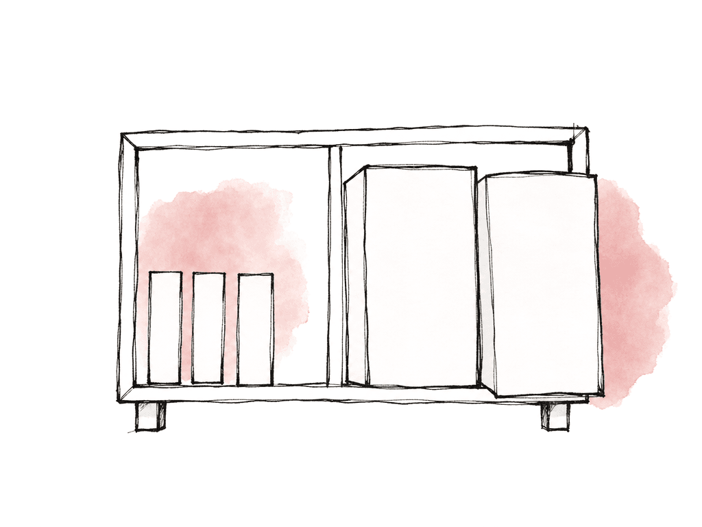A flat doodle shows small media files fitting easily on a storage shelf while much larger film files crowd and overflow another shelf area.
