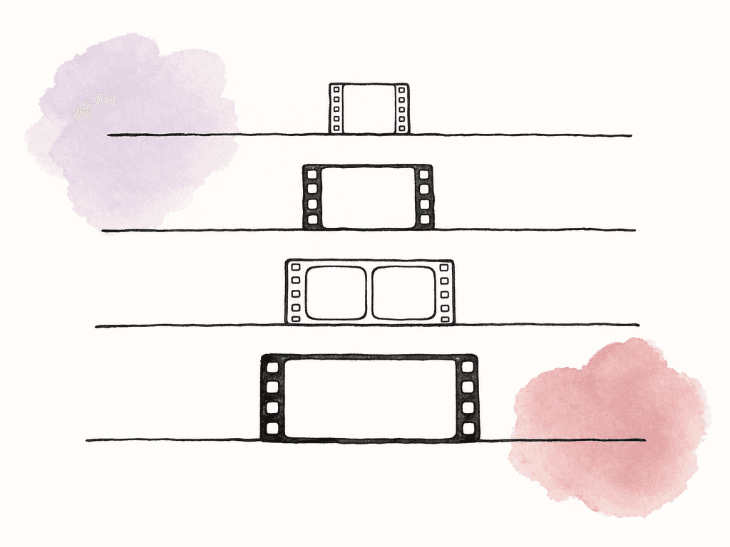 Four parallel workflow lanes show different film-frame icons, from a small lightweight proxy-like frame to a larger high-detail frame and a transparent alpha-style frame.