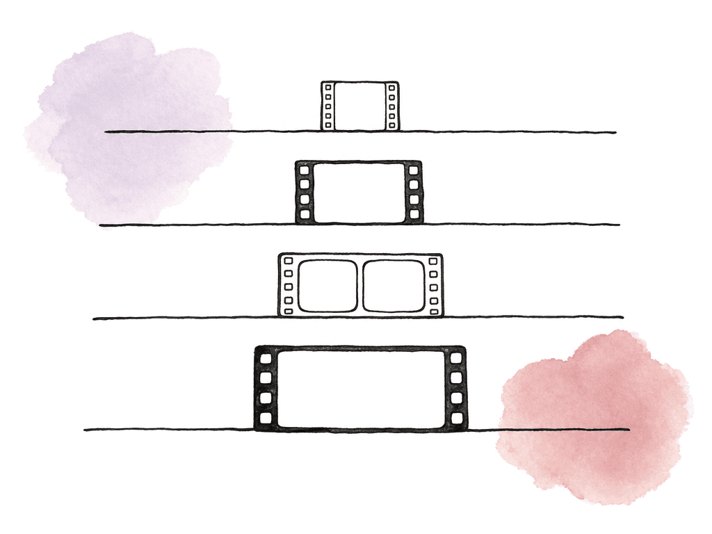Four parallel workflow lanes show different film-frame icons, from a small lightweight proxy-like frame to a larger high-detail frame and a transparent alpha-style frame.