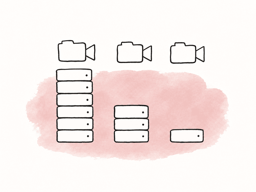 Repeated clip icons sit above storage stacks that decrease in size from left to right.
