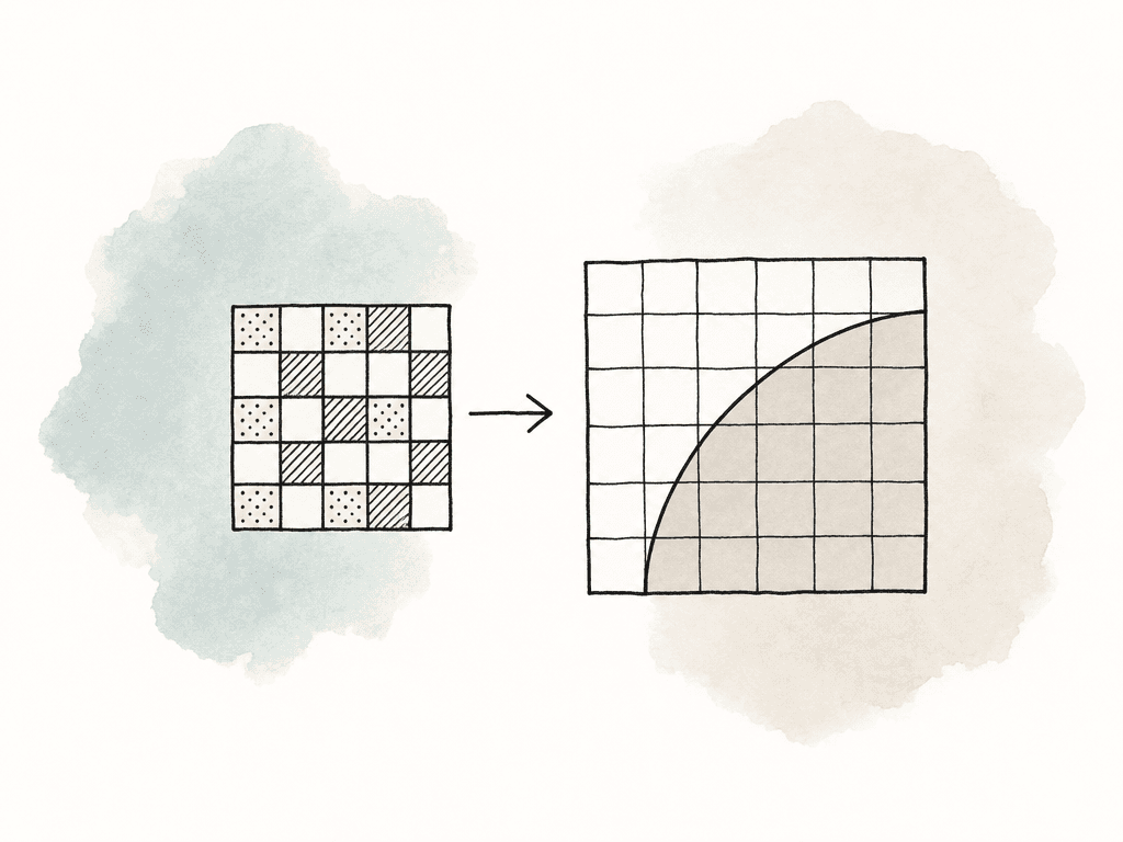 A patterned sensor grid connects to a cleaner reconstructed image grid with a sharp edge.