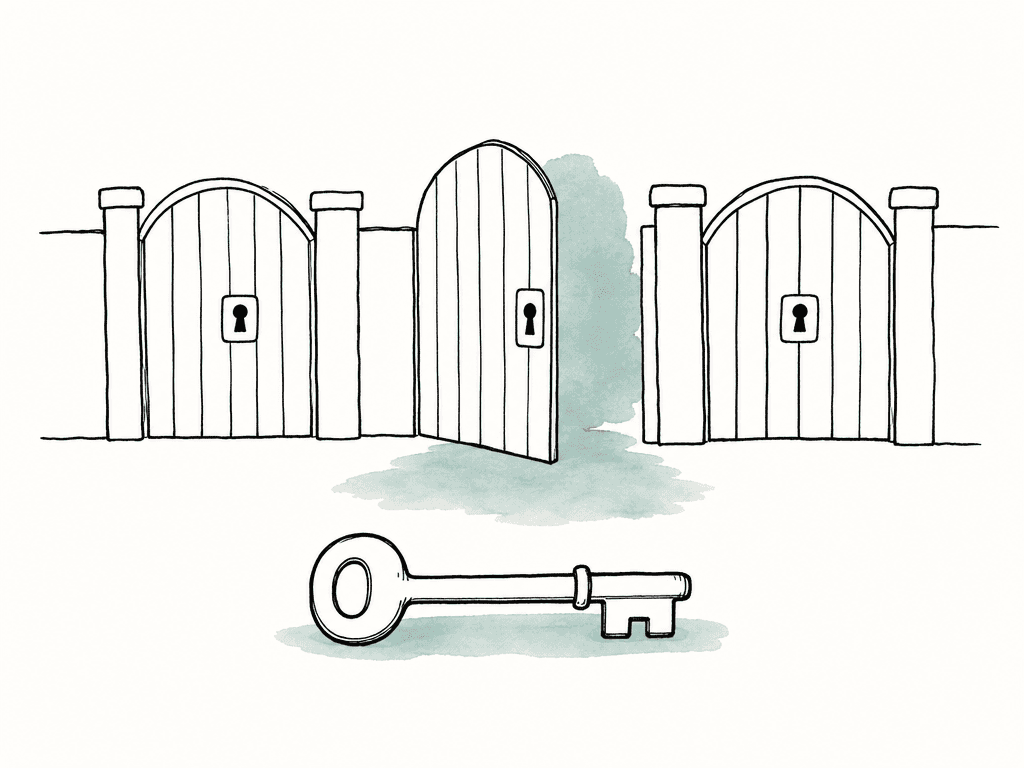A single key sits before several different gates, with only one gate open and the others still locked.