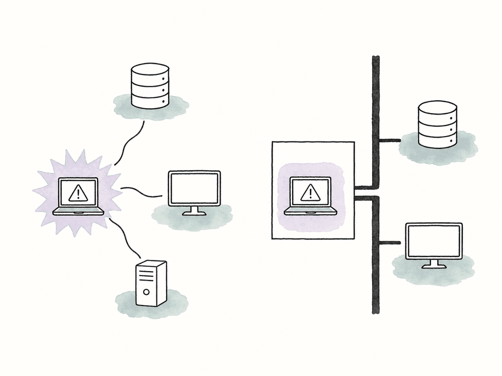 A comparison shows a compromised laptop connected to many systems in a flat network, then contained away from media storage in a segmented network.
