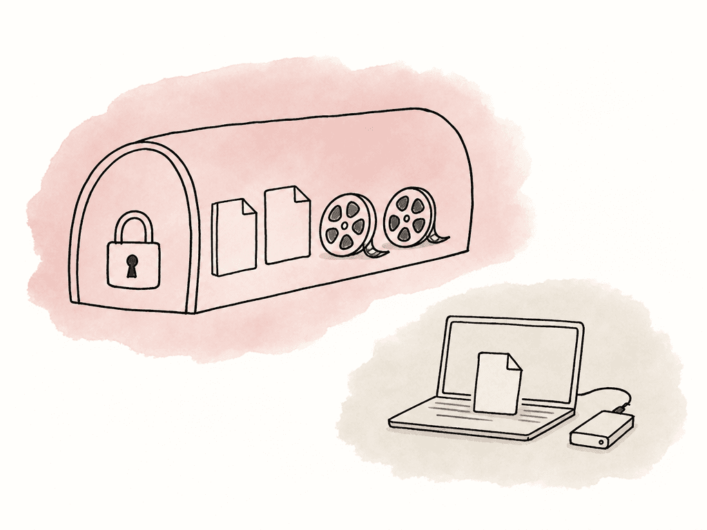 A locked media path contains protected files, while a loose copy sits outside the boundary on a laptop beside a small drive.