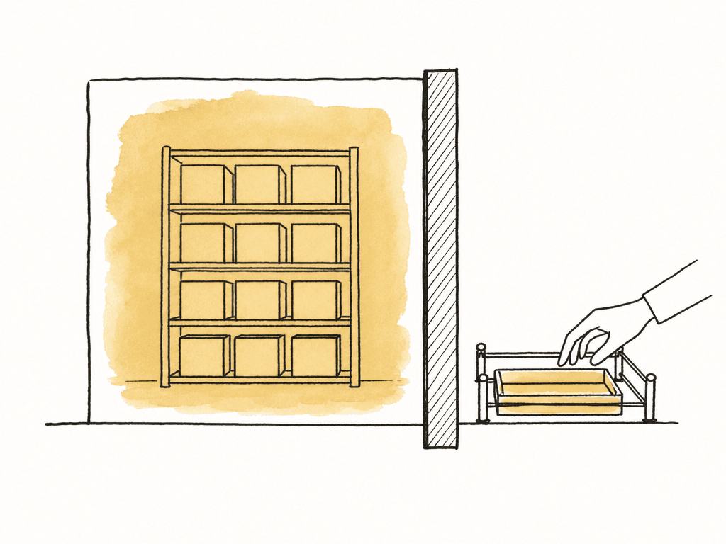 A vendor can reach a small separated exchange box, while the main editorial storage sits protected behind a wall.