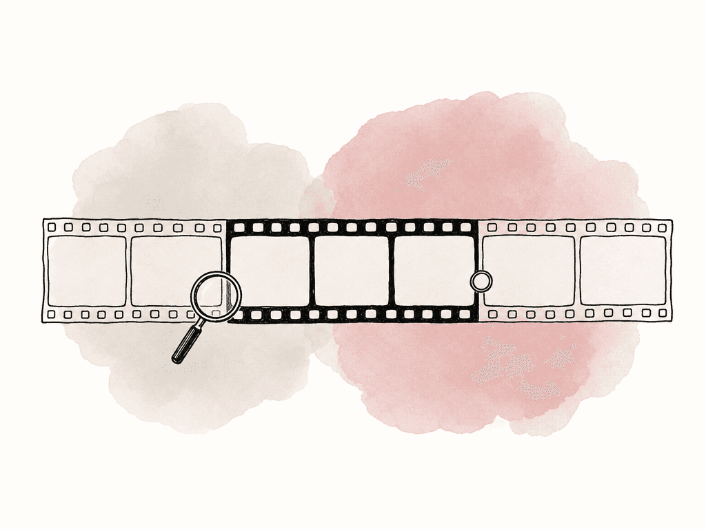 Magnifying glasses inspect a filmstrip with lighter handle frames on both ends and emphasized cut frames in the center.