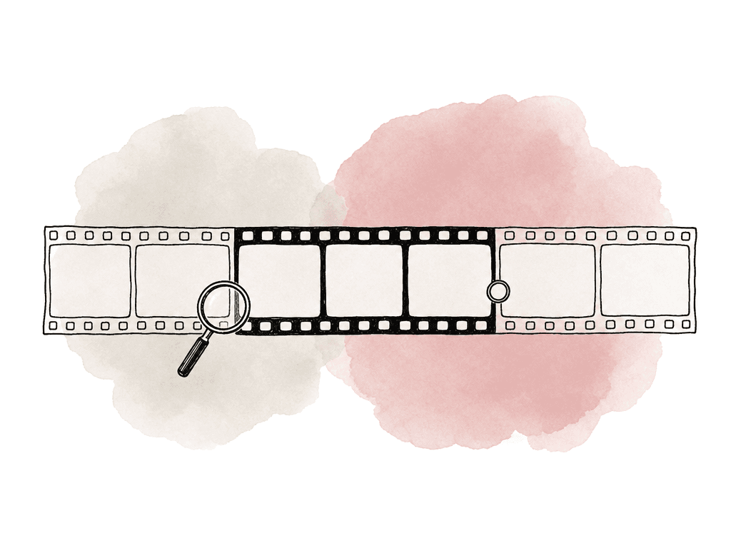 Magnifying glasses inspect a filmstrip with lighter handle frames on both ends and emphasized cut frames in the center.