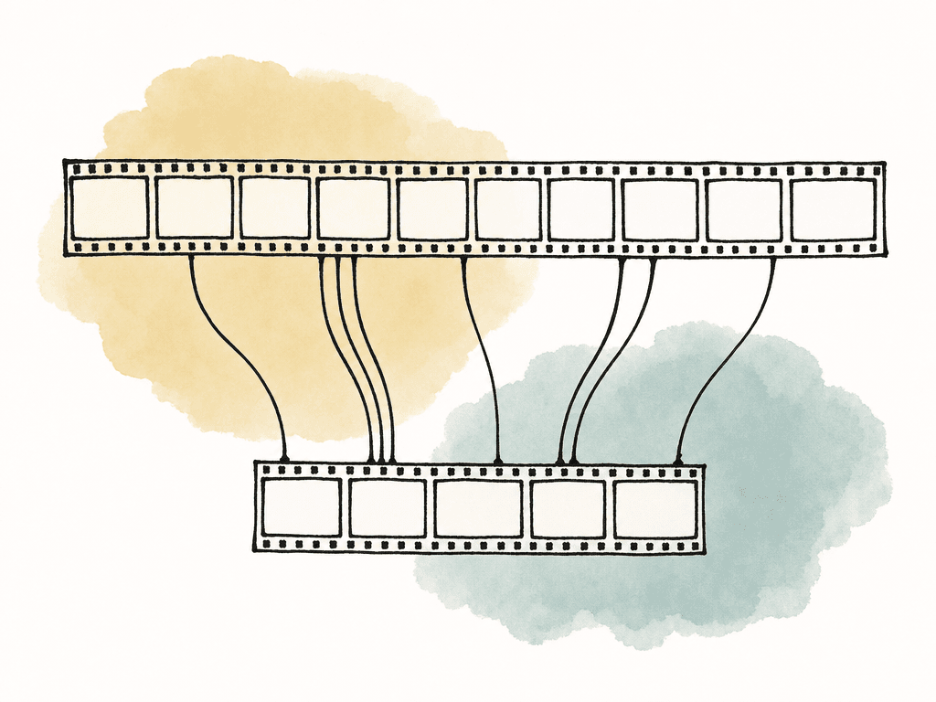 Curved lines connect a longer source filmstrip to a shorter edited filmstrip, suggesting a retimed shot.