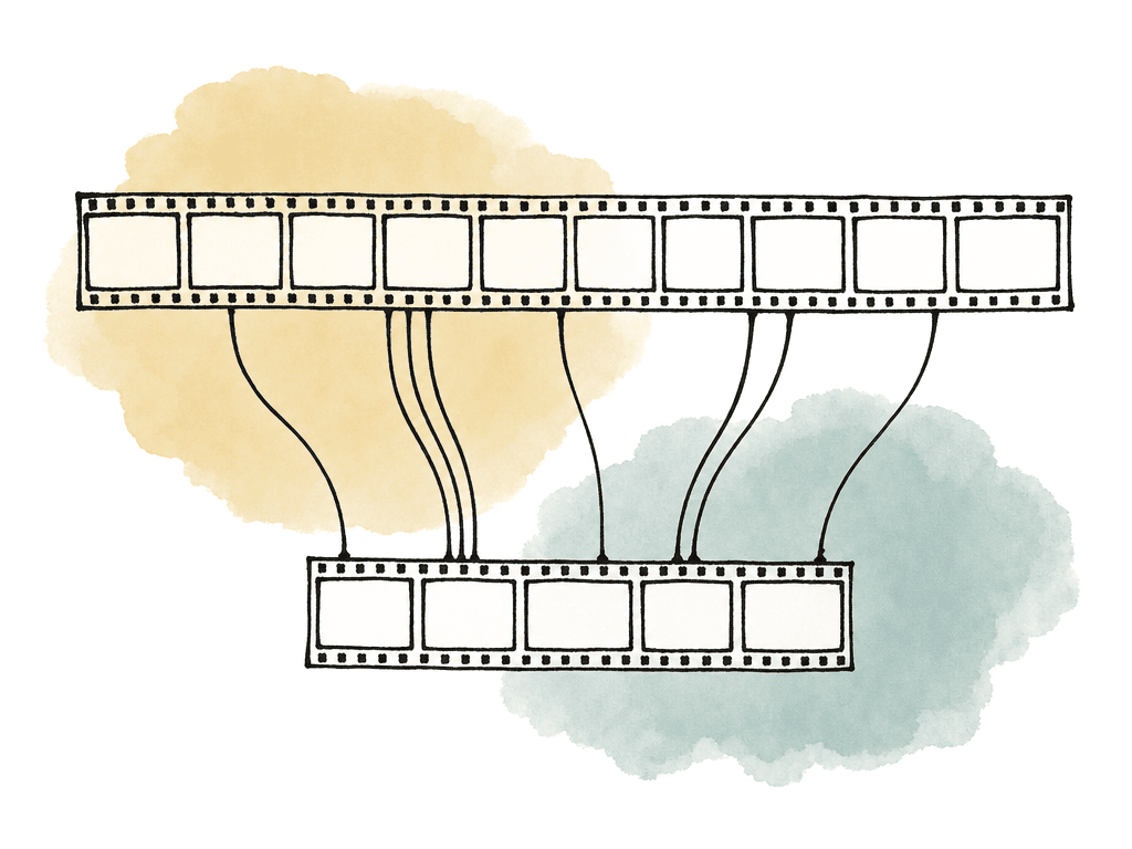 Curved lines connect a longer source filmstrip to a shorter edited filmstrip, suggesting a retimed shot.