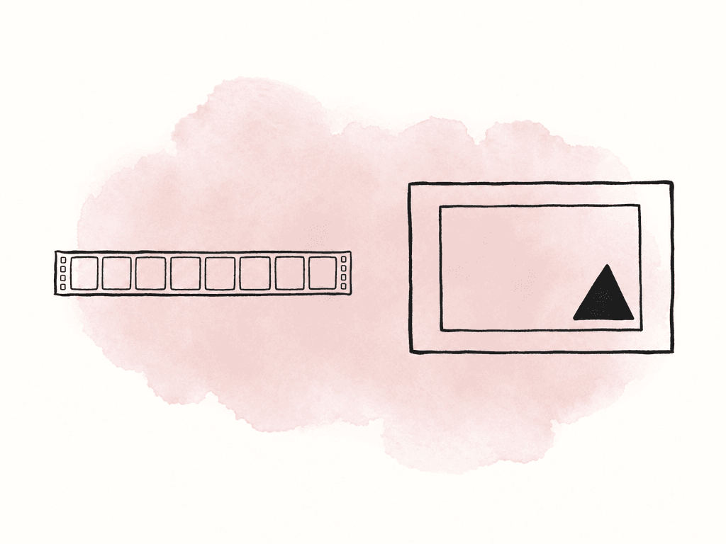 A side-by-side doodle contrasts a handled frame strip with a larger image frame containing a smaller crop boundary.