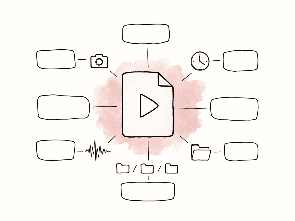 Hand-drawn media file with blank tags and small property icons attached around it.