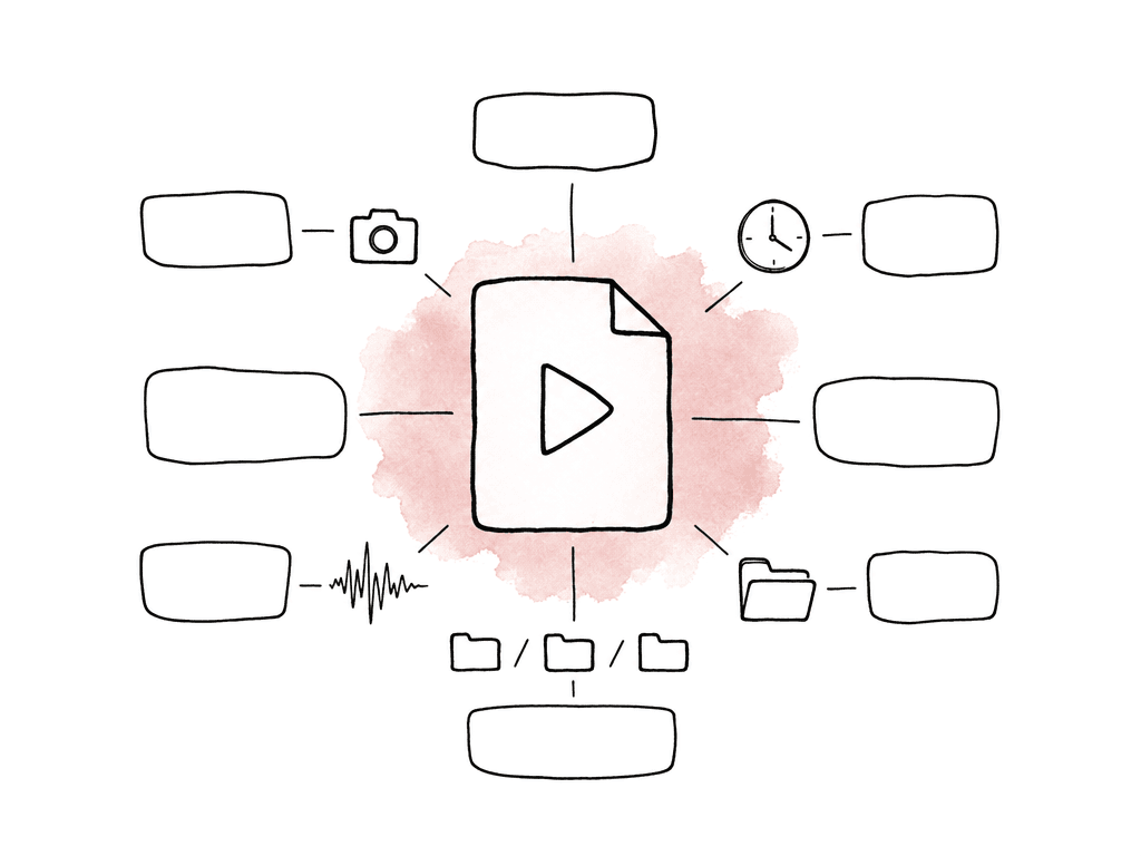 Hand-drawn media file with blank tags and small property icons attached around it.