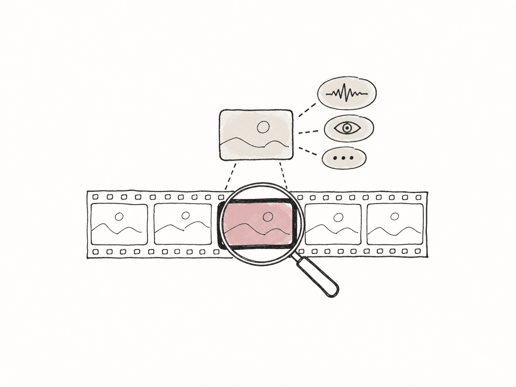 Hand-drawn video timeline with a highlighted search match and small evidence icons around it.